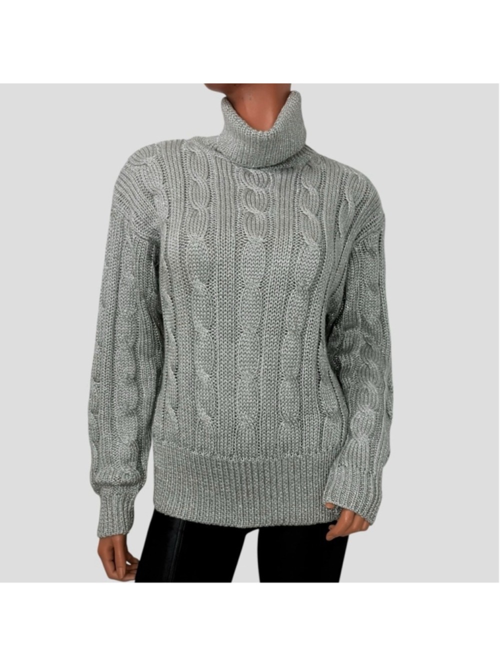 VTG 90s Liz Claiborne M Metallic Silver Maximalist Cable Knit Lustrous Sweater